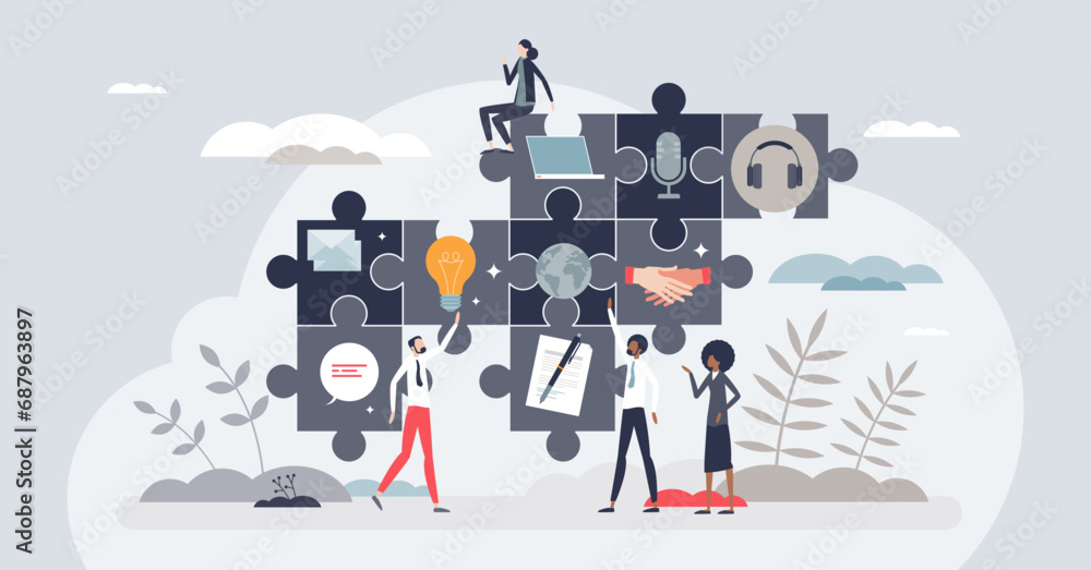Elements of communication and business conversation tiny person concept. Various channels for agreement negotiation and professional teamwork management vector illustration. Trade contract process.