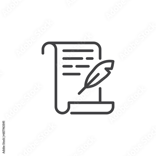 Quill pen and paper scroll line icon