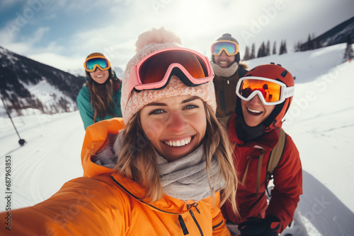 Winter sport happy young woman selfie portrait with friends against snowy mountains landscape