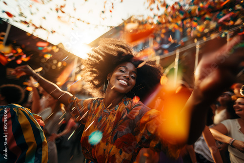 Woman smile happy portrait in carnival street parade, colorful streamers sparkles and confetti, afroamerican people photo