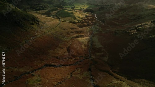 Aerial drone footage of sunrise at Wrynose Pass in the Lake District, UK photo