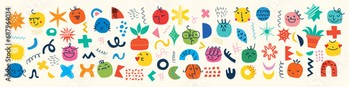 Set of abstract retro geometric doodle shapes vector. Collection of contemporary Vector illustrations and design elements perfect for banner, print, stickers, pins in cartoon 80s-90s style.