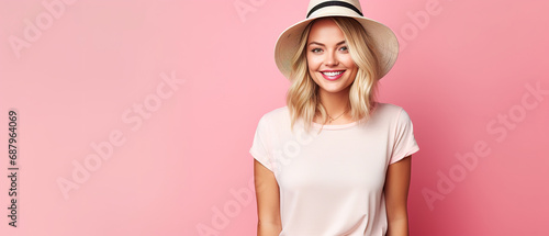 a blond woman standing in casual chic summer clothes, isolated on a pink plain background, with epmty copy space