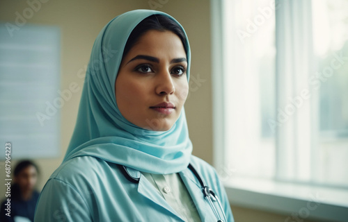 A woman in a hijab working in at a hospital.