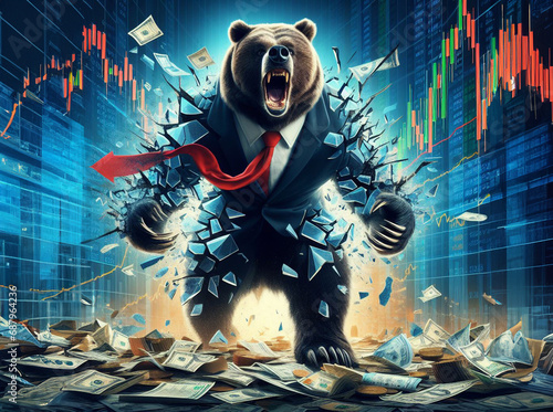 A bear waring a suit breaking thru glass signifying stock market crash and a bear market and recession