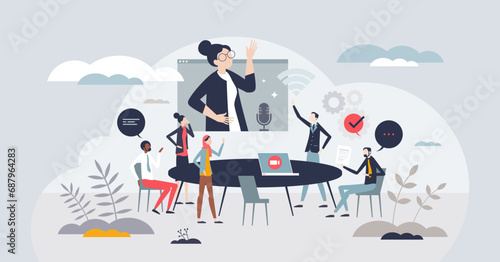 Effective communication or collaboration in business team tiny person concept. Company strategy planning and brainstorm meeting with colleagues vector illustration. Professional group cooperation.