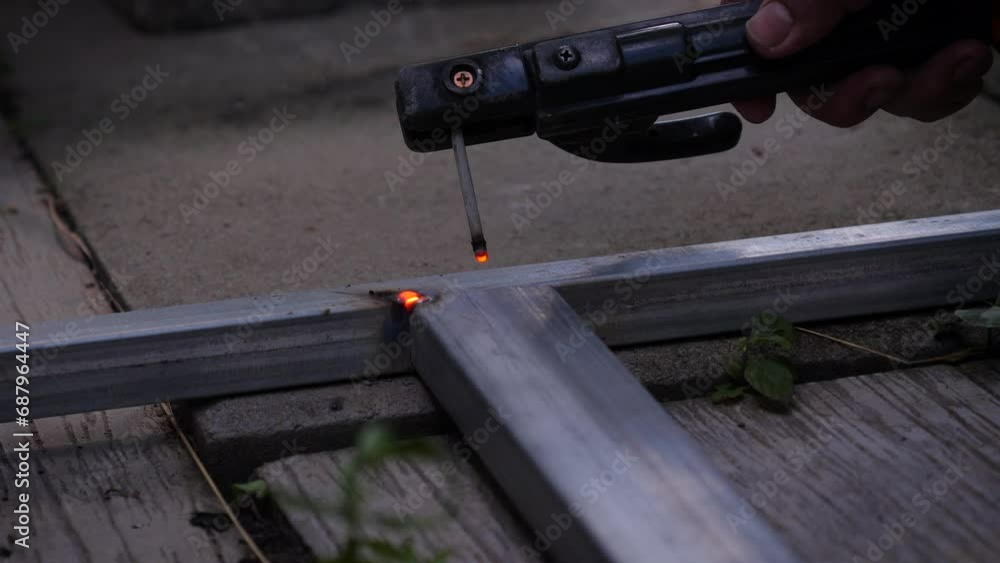 Close up shot electric welding the tube steel. Iron welding diy concept Close up shot electric welding the tube steel. Iron welding diy concept