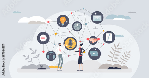 Communication network and business contact connections tiny person concept. Use various communication channels for agreement discussion and corporate sale or deal closure vector illustration.