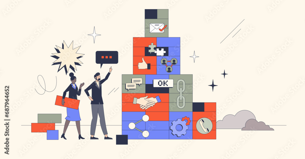 Building blocks of effective communication in business retro tiny person concept. Professional marketing strategy and company interaction with customers for engagement efficiency vector illustration.