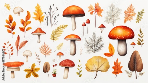 Autumnal array with various mushrooms and fall foliage. Seasonal harvest and botany.