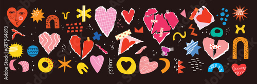 Collage art elements with vintage paper hearts torn elements set. Happy valentine's day concept for greeting cards, poster. Trendy Vector illustration.