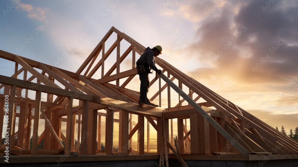 Craftsman and carpenter working on a roof truss on the construction site