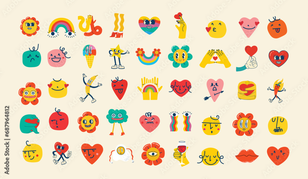 Groovy hippie love sticker set. Heart funny cartoon character different pose. Happy valentine's day concept. Trendy retro 60s 70s style emoji. Y2K aesthetic. Vector illustration.