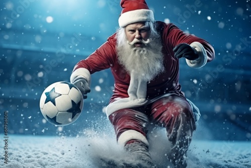 Santa is playing football. Portrait of Santa Claus with a soccer ball in the stadium. It's snowing, it's winter. © AI Studio