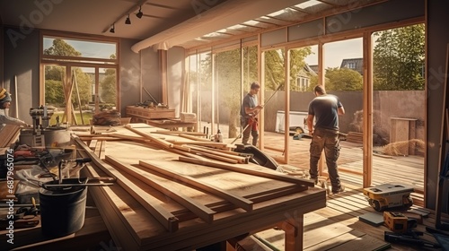 Craftsman and carpenter working on construction site