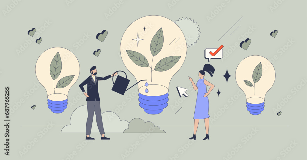 Sustainable innovation or ecological business retro tiny person concept. Green, sustainable and nature friendly company development with innovative investment vector illustration. Growth or progress. Sustainable innovation or ecological business retro tiny person concept. Green, sustainable and nature friendly company development with innovative investment vector illustration. Growth or progress.