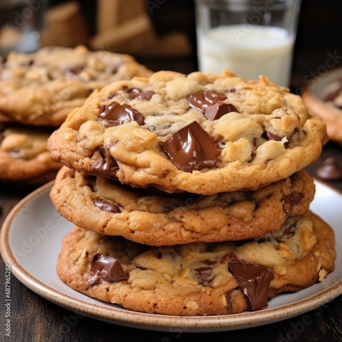 chocolate chip cookies on plate with glass of milk