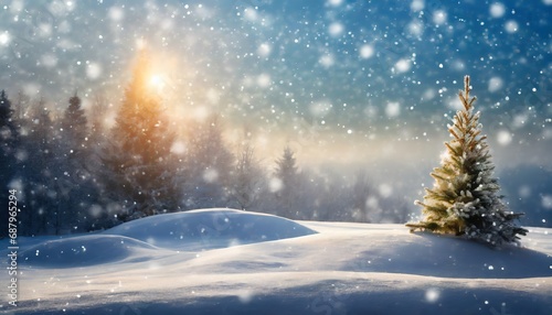 Christmas tree background in winter snowy coniferous forest with fairy landscape. Happy New Year panorama. Sunny weather in cold day. © Juri_Tichonow