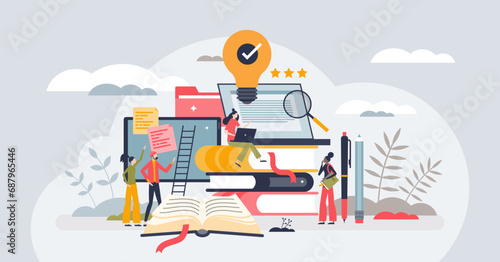 Innovation in education for effective and smart knowledge tiny person concept. Innovative technology usage in school, university or e-learning systems vector illustration. Study and development.