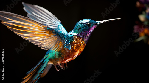 hummingbird and flower, A hummingbird is flying in the dark and has a purple background with stars and stars, Hummingbird composed of tiny fractal patterns