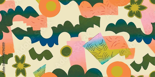 90s style retro seamless pattern with geometric shapes. Multi colored curved spots. Stained pattern with grainy texture. Risograph style background with layering and shifting shapes