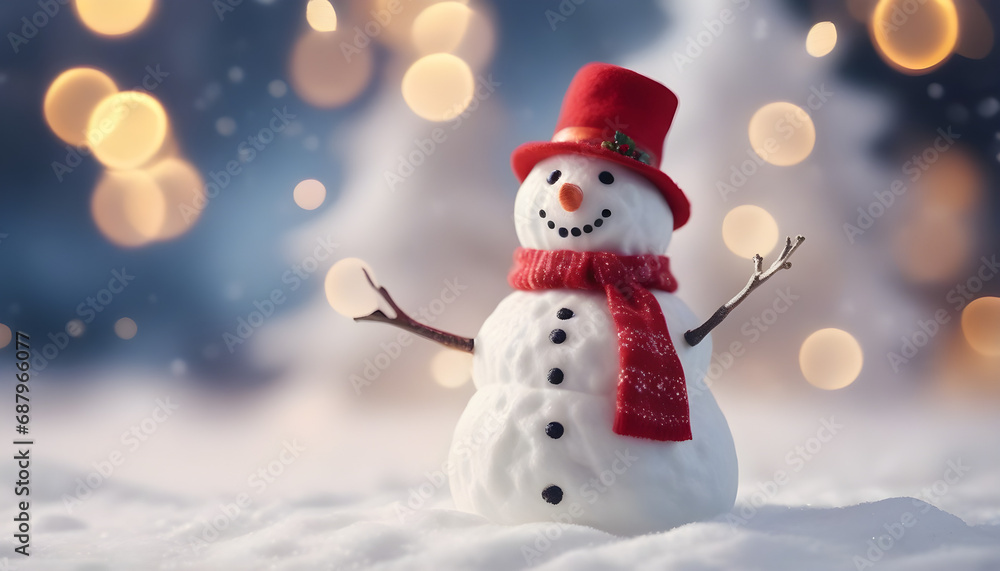 Christmas winter background with snowman and blurred bokeh.Merry christmas and happy new year greeting card with copy space created with generative ai