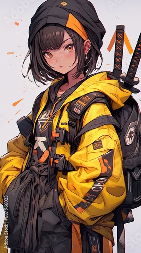 cute anime teenage girl in a yellow jacket and two swords, banner, vertical, illustration photo