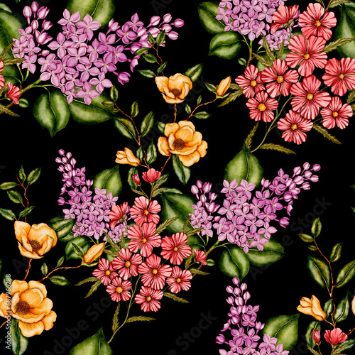 Watercolor seamless pattern with garden flowers. Vintage spring or summer flo...