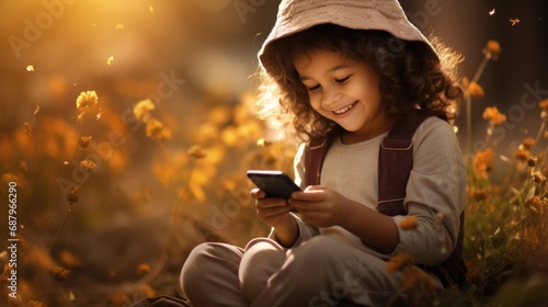 Young girl using smartphone in sunny field with flowers. Digital generation and childhood.