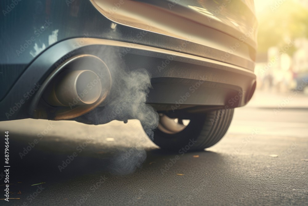 A car's exhaust pipe emitting toxic smoke, illustrating the environmental concern of air pollution caused by vehicle emissions. - obrazy, fototapety, plakaty 