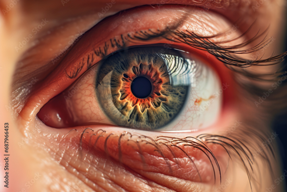 Fototapeta premium Close-up of a senior's eye affected by cataract, revealing details of the iris and skin, emphasizing the challenges of aging vision.