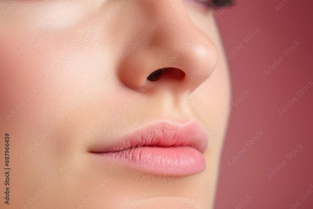 Close-up of a woman's face, showcasing flawless and plump skin, highlighting the perfection and attractiveness of her features in a beauty context. Close-up of a woman's face, showcasing flawless and plump skin, highlighting the perfection and attractiveness of her features in a beauty context.