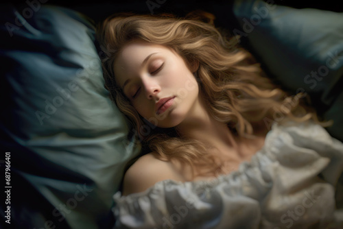 Dreamland beauty: A girl in a white bedroom, lying on a comfortable pillow, experiencing a serene night of rest and dreaming.