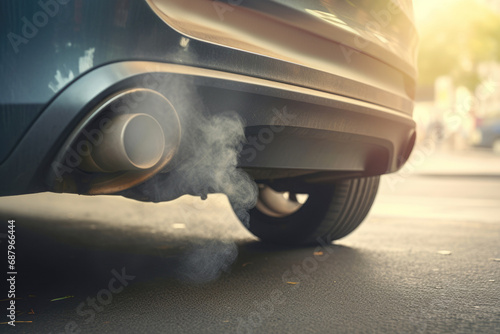 A car's exhaust pipe emitting toxic smoke, illustrating the environmental concern of air pollution caused by vehicle emissions. photo