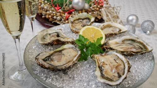 Fresh oysters on ice rotating, Christmas New Year decoration, glasses of champagne. Close up
