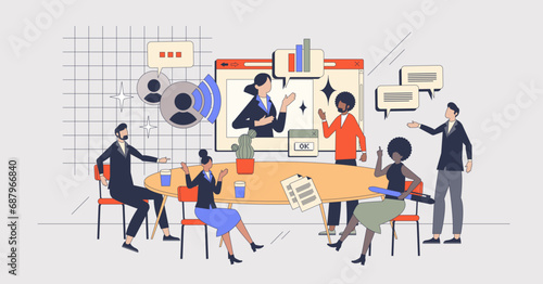 Effective communication or collaboration in business team retro tiny person concept. Company strategy planning and brainstorm meeting with colleagues vector illustration. Professional cooperation