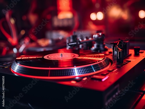  DJ Night Club Deejay Record Player Retro night club neon colorful light DJ is mixing music with deejay controller 