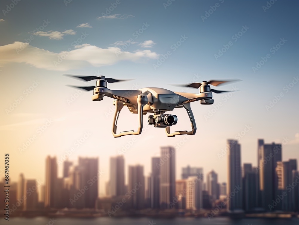Drone quad copters flying aerial over spectacular sunset orange sky. Cityscape with sun Drone quad copters flying aerial over spectacular sunset orange sky. Cityscape with sun
