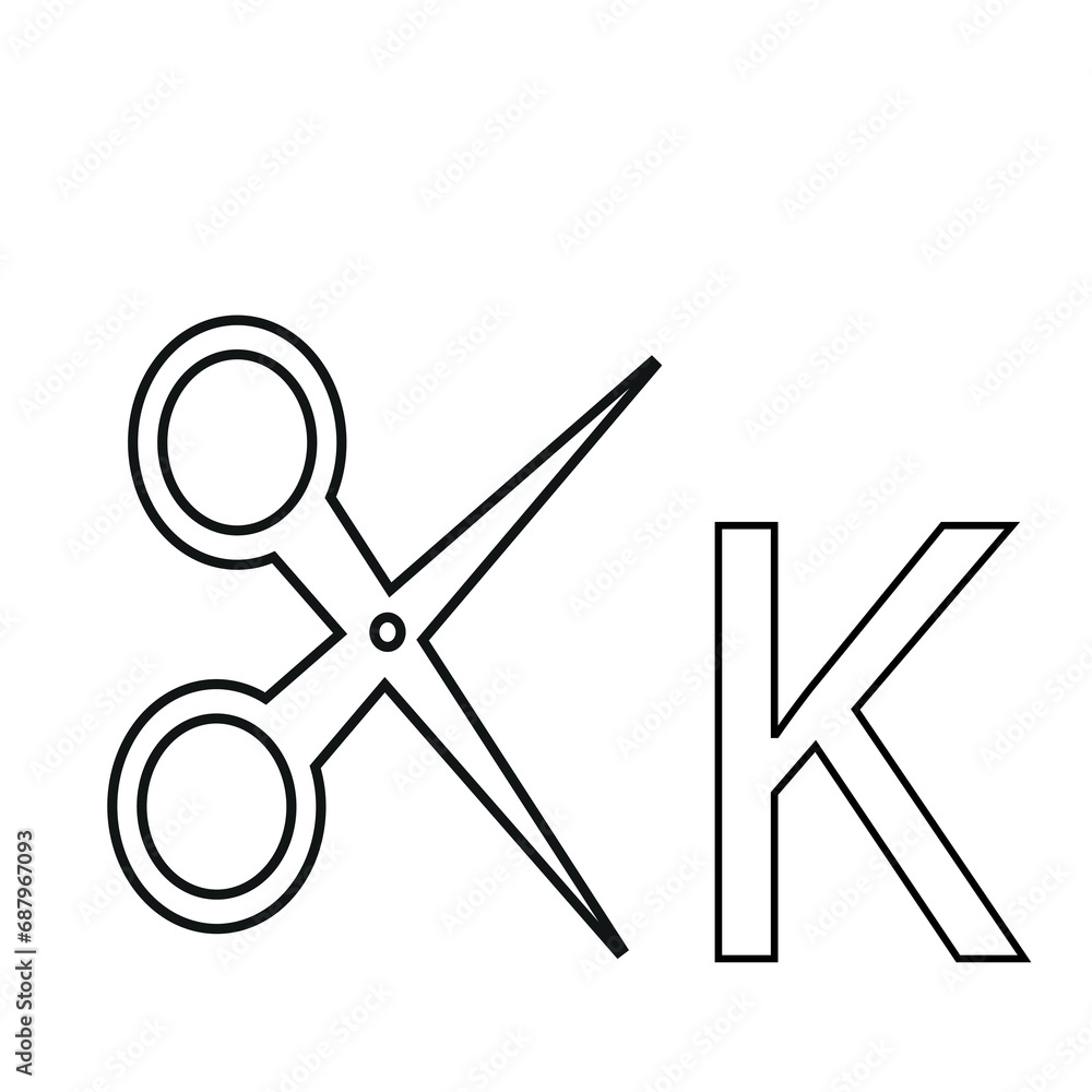 lettering in the form of medical scissors folded in the shape of the letter K, drawn in line art style lettering in the form of medical scissors folded in the shape of the letter K, drawn in line art style