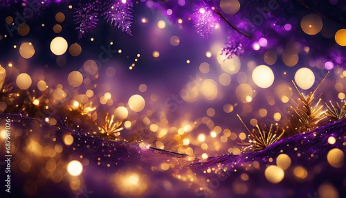 Merry Christmas and Happy New Year fairy background with purple and gold colours