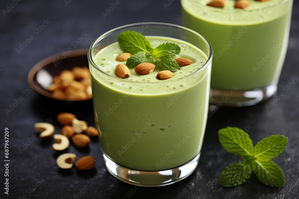 Green matcha latte with pistachios and matcha powder Green matcha latte with pistachios and matcha powder