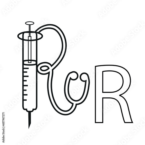 letter design in the form of a syringe and a medical stroboscope folded in the form of an R, drawn in line art style