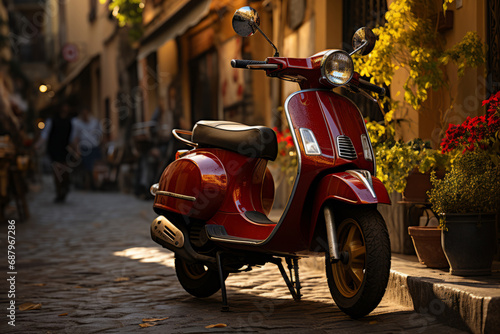 Vespino scooter parked on a Roman street, Generative AI