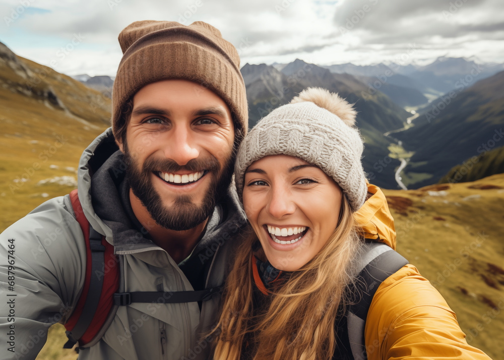 Cute couple of young people smiling and enjoying vacations trip together walking and trekking in mountains. Cheerful man and woman in love taking selfie