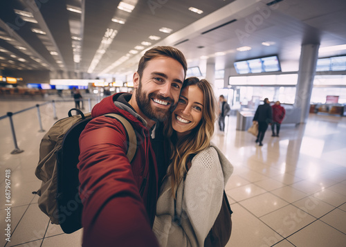 Cute couple of young people smiling having fun in the airport taking a selfie together looking at the camera enjoying vacations time.. photo