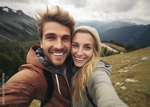 Cute couple of young people smiling and enjoying vacations trip together walking and trekking in mountains. Cheerful man and woman in love taking selfie © Daniel