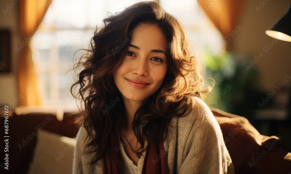 portrait of young adult woman female in casual cloth stay in living room warm and cosy home interior house background stay home lifestyle concept portrait of young adult woman female in casual cloth stay in living room warm and cosy home interior house background stay home lifestyle concept