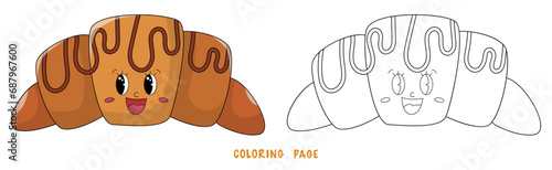 Coloring page of funky cute croissant for design element. Bright colorful children's illustration in cartoon style. Сhildren's coloring book with color example.