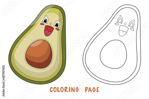 Coloring page of funky cute avocado for design element. Bright colorful children's illustration in cartoon style. Сhildren's coloring book with color example.