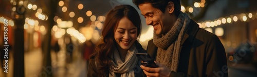 sweet romance asian marry couple walking on street night life while using smartphone checking travel schedule and location for booking restaurant hotel reservation travel lifestyle concept photo